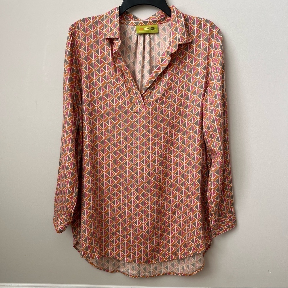 Rock Flower Paper Faye Twill Poet Tunic Top Gray Pink Orange Split Neck Sz S
